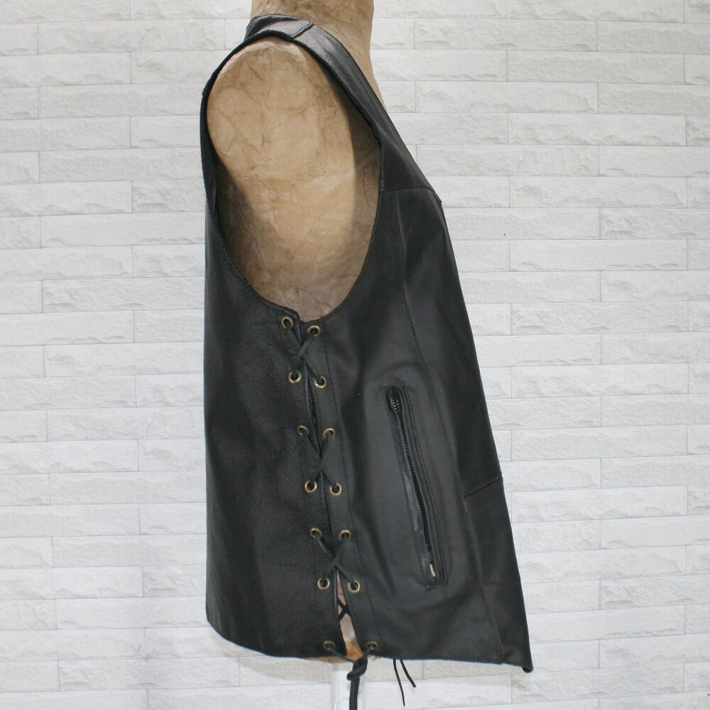 GENUINE LEATHER Vest Biker Moto Side Lace Up Streetwear Classic Men's Size 44 - Picture 7 of 16
